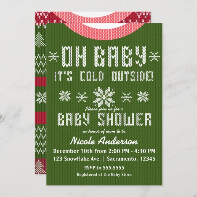 OH BABY Winter Baby Dusche Strick Sweater Red Gree Einladung (Vorne/Hinten)