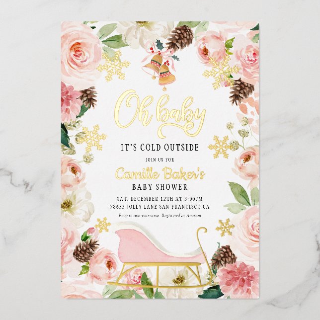 Oh Baby Winter Girl Baby Dusche Rosa und Gold Foil Folieneinladung (Vorderseite)