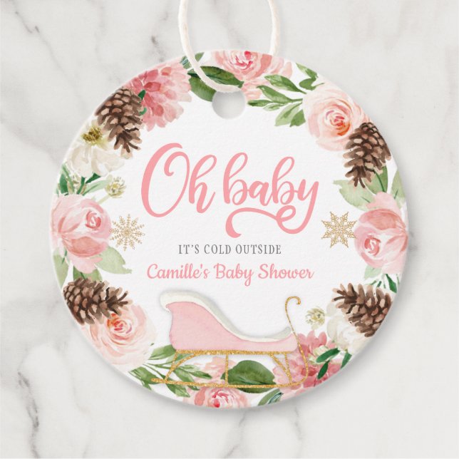 Oh Baby Winter Pink Floral Girl Baby Dusche Gefall Geschenkanhänger (Vorderseite)