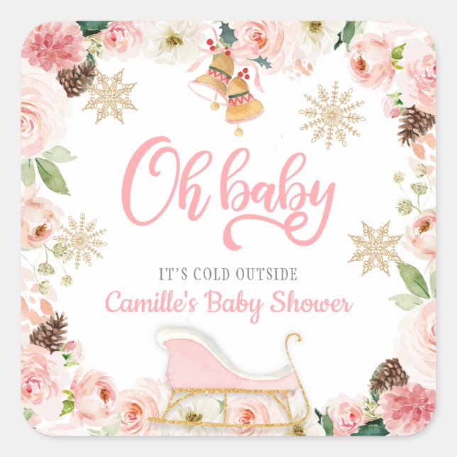 Oh Baby Winter Pink Girl Baby Dusche Gefallen Quadratischer Aufkleber (Vorderseite)