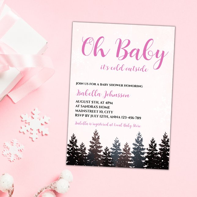 Oh Baby Winter Wonderland Girl Baby Dusche Einladung (oh baby it's cold outside winter wonderland  girl baby shower invitation gender neutral baby pink )