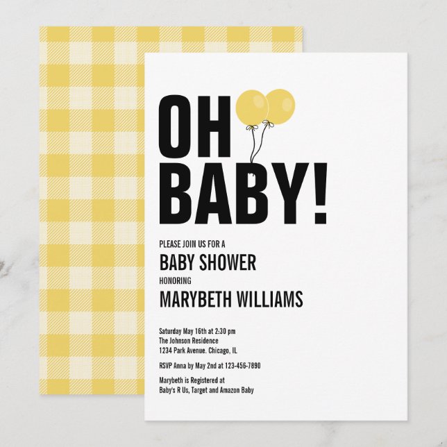 Oh Baby Yellow Balloon Baby Showkarte Party Einladung (Vorne/Hinten)