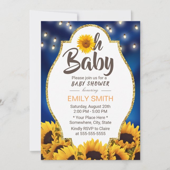 Oh Babyparty-rustikales Sonnenblume-Marine-Blau Einladung (Vorderseite)
