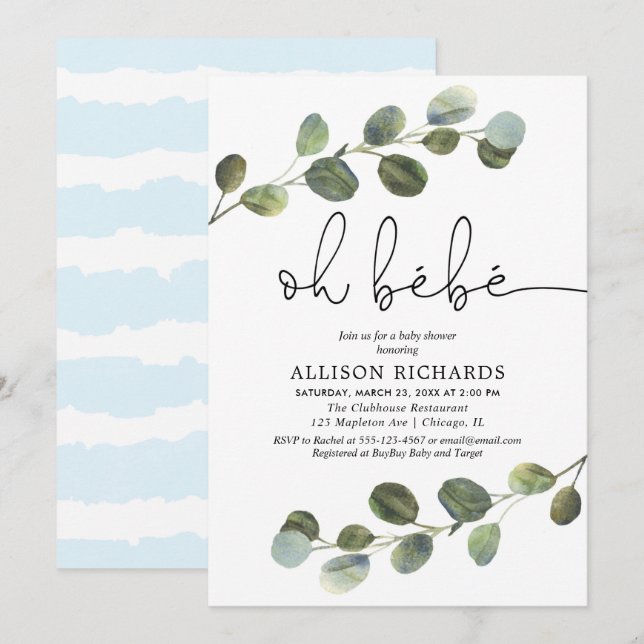 Oh bebe Französisch Thema blauer Schwarz-weißer Ju Einladung (Vorne/Hinten)