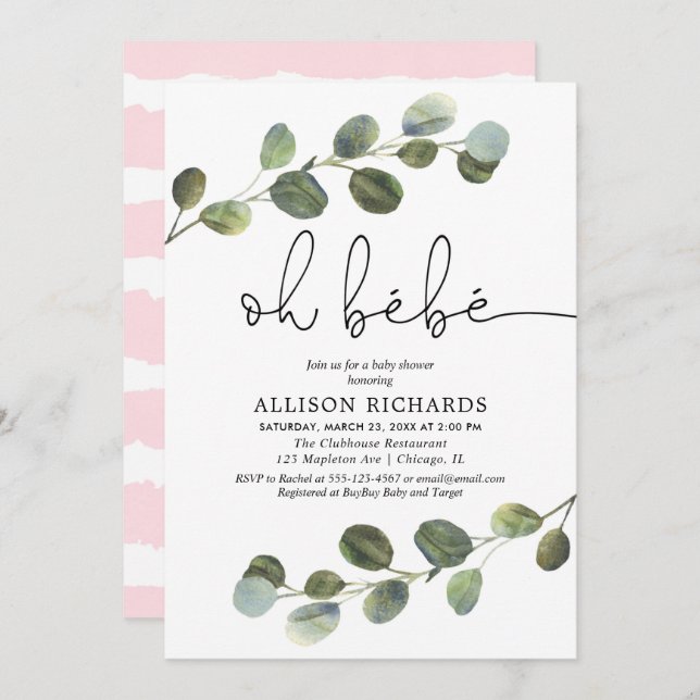 Oh bebe Französisch Thema rosa Schwarz-weiße Mädch Einladung (Vorne/Hinten)