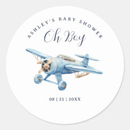 Oh Boy! Adventure Awaits Airplane Boy Baby Shower Runder Aufkleber