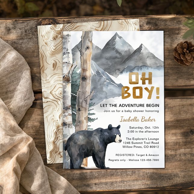 Oh Boy Adventure Begin | Bear & Birch Baby Dusche Einladung (Woodland Baby Shower Invite)