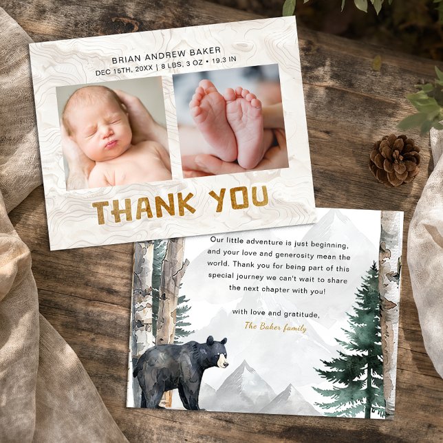 Oh Boy Adventure Begin | Woodland Bear Baby Dusche Dankeskarte (Two Photo Thank You Card)