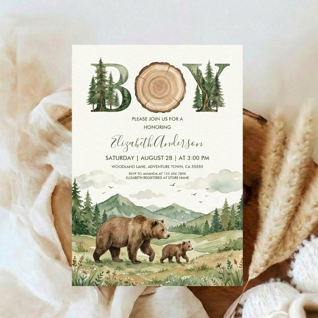 Oh Boy Adventure Woodland Bear Baby Shower Einladung (Von Creator hochgeladen)