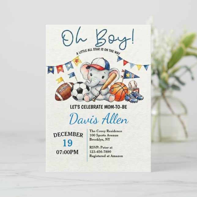 Oh Boy ALL STAR SPORT Baby Shower Einladung (Stehend Vorderseite)