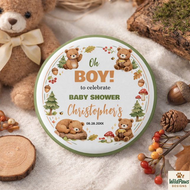 Oh Boy Aquarell Wald Bär Baby Shower Button (Oh Boy Watercolor Woodland Bear Baby Shower Button
)