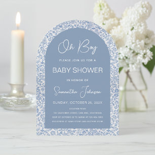 Oh Boy Arch Blaues Blumenmuster Schrift Baby Showe Einladung