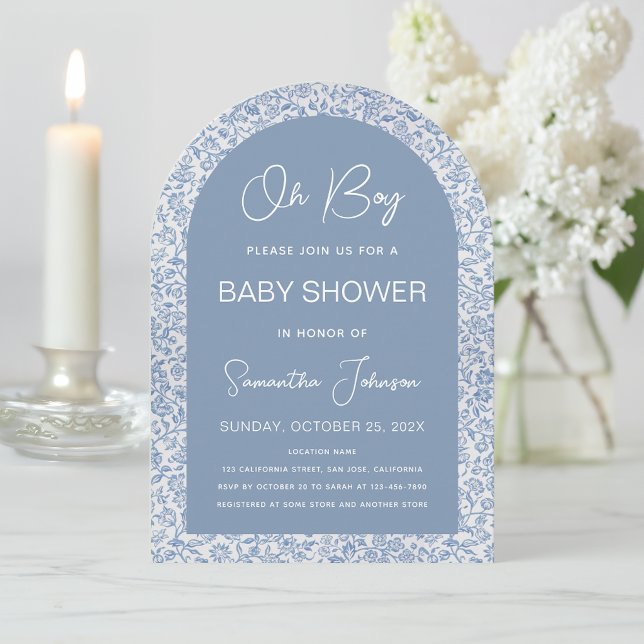 Oh Boy Arch Blue Floral Muster Script Baby Dusche Einladung (Von Creator hochgeladen)