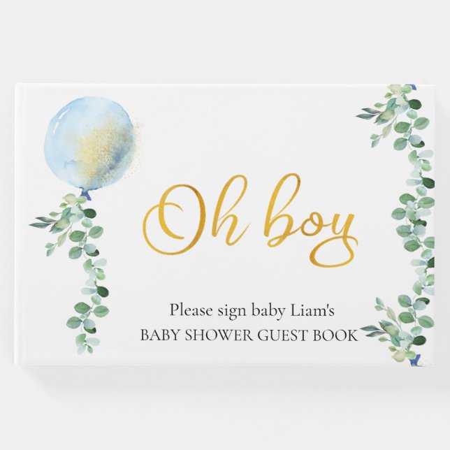 Oh Boy Baby Blue Balloon Eucalyptus Babydusche Gästebuch (Vorderseite)