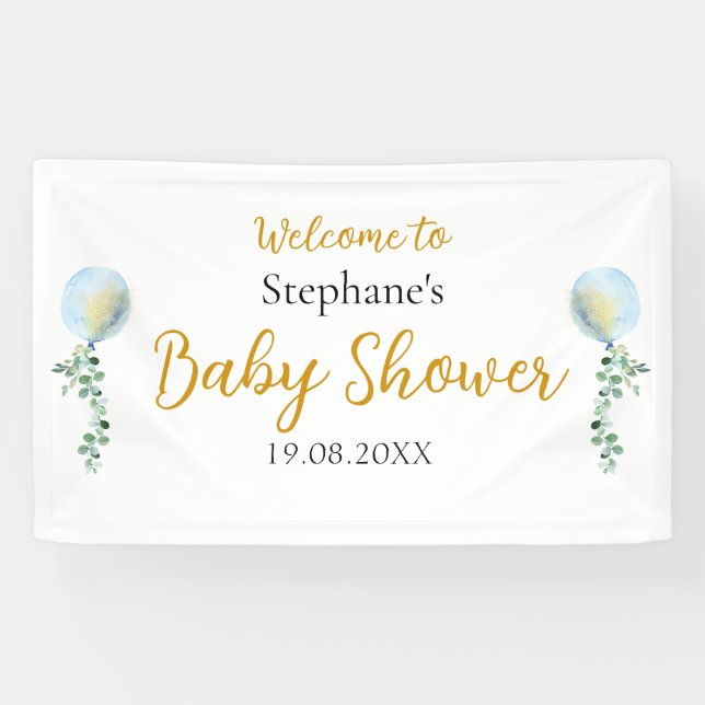 Oh Boy Baby Blue Balloon Eucalyptus Banner (Horizontal)
