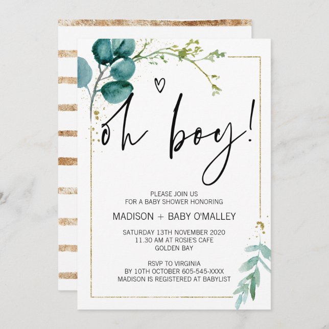 Oh Boy Baby Dusche Party Modern Gold Eucalyptus Einladung (Vorne/Hinten)