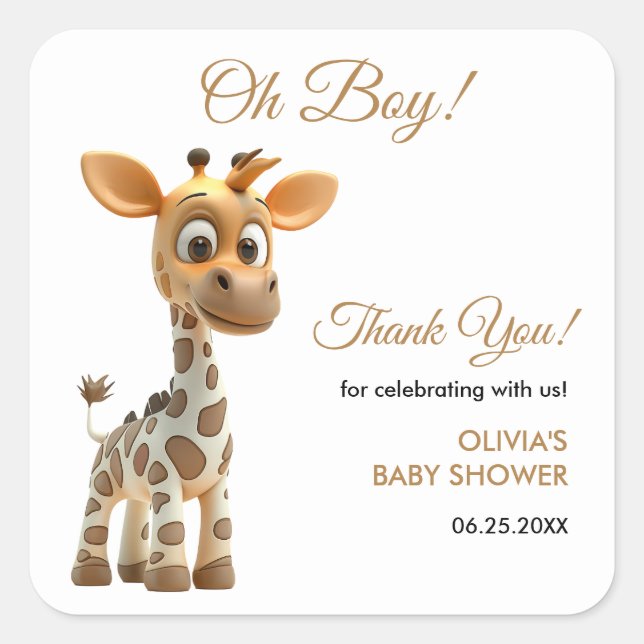 Oh Boy Baby Giraffe Niedlich Boy Baby Dusche Danke Quadratischer Aufkleber (Vorderseite)