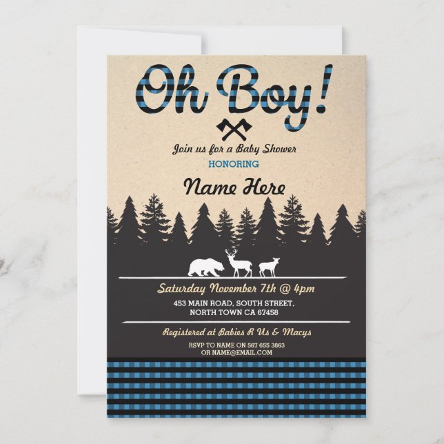 Oh Boy Baby Lumberjack Baby Dusche Blue Einladung (Vorderseite)