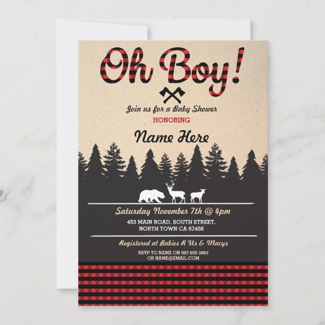 Oh Boy Baby Lumberjack Baby Dusche Red Invite Einladung (Vorderseite)