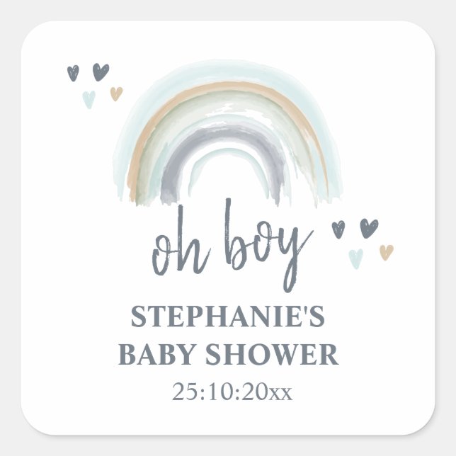 Oh Boy Baby Shower Blue Boho Rainbow Square Sticke Quadratischer Aufkleber (Vorderseite)