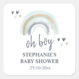 Oh Boy Baby Shower Blue Boho Rainbow Square Sticke Quadratischer Aufkleber