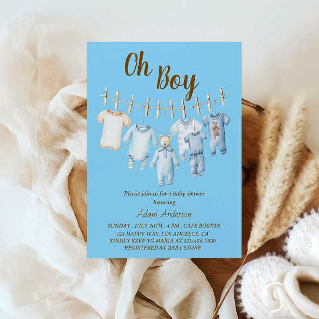 Oh Boy Baby Shower | Blue Clothesline Theme Einladung (Von Creator hochgeladen)