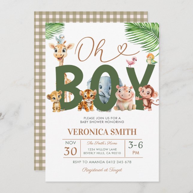 Oh Boy Baby Shower Forest Animals Greenery Floral Einladung (Vorne/Hinten)