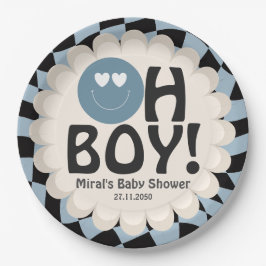 Oh Boy Baby Shower Groovy Blue Happy Face Pappteller