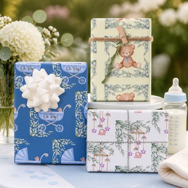 Oh Boy Baby Stroller und Mobile Wrapping Paper Geschenkpapier Set (Von Creator hochgeladen)