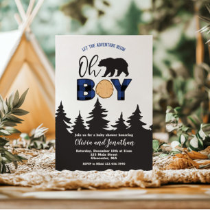 Oh Boy Bär blau Buffalo Kariert Baby Shower Einladung