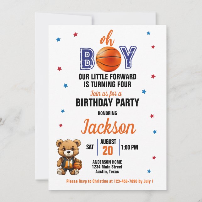 Oh Boy Basketball Thema jedes Alter Geburtstag Einladung (Vorderseite)