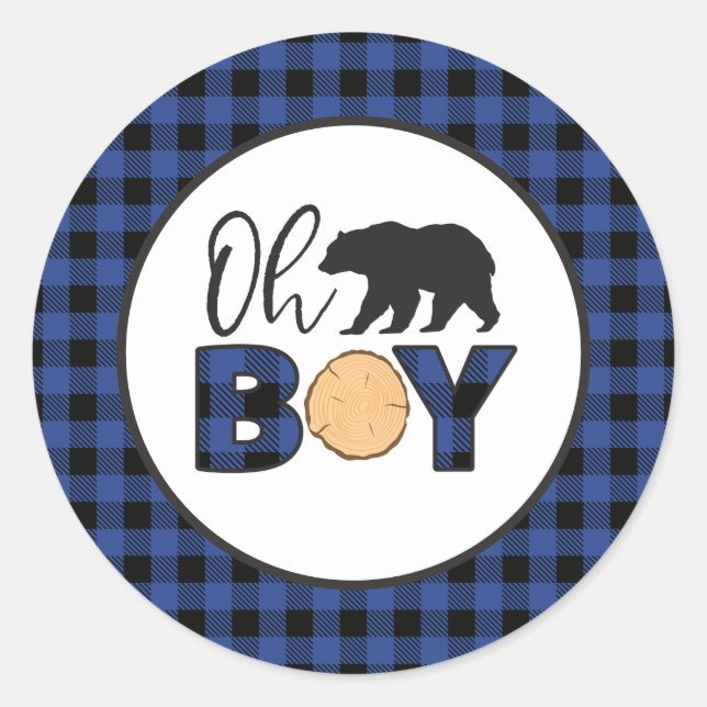 Oh Boy Bear Blue Buffalo Kariert Baby Dusche Runder Aufkleber (Vorderseite)