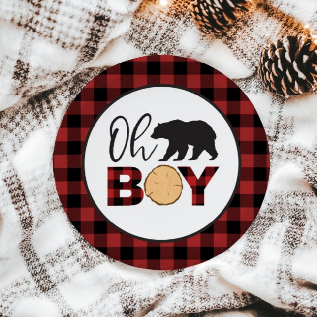 Oh Boy Bear Buffalo Plaid Baby Shower Pappteller (Von Creator hochgeladen)