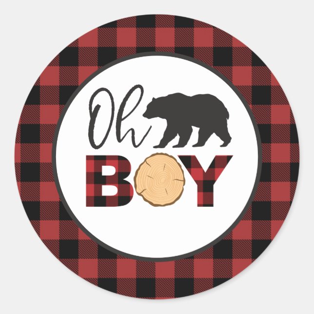 Oh Boy Bear Buffalo Plaid Baby Shower Runder Aufkleber (Vorderseite)