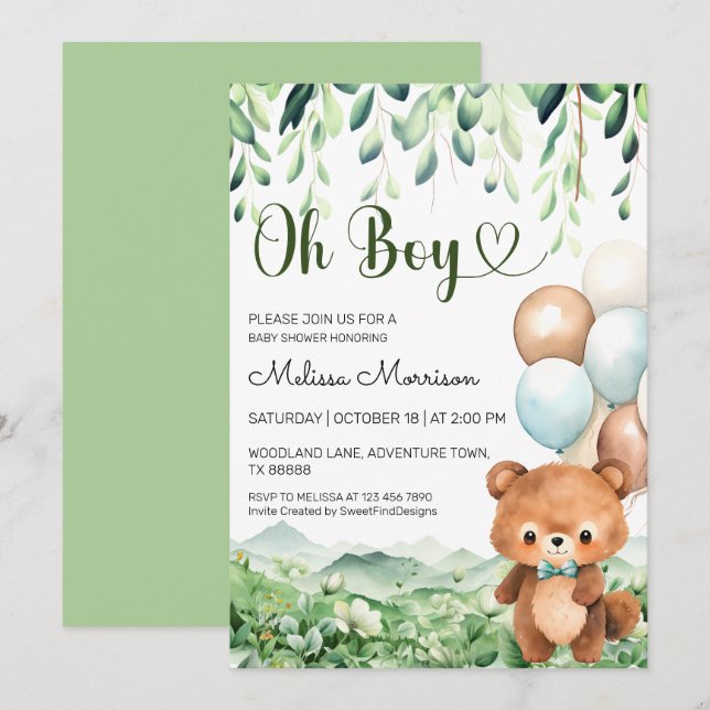 Oh Boy Bear Forest von SFD Baby Boy Dusche Einladung (Vorne/Hinten)