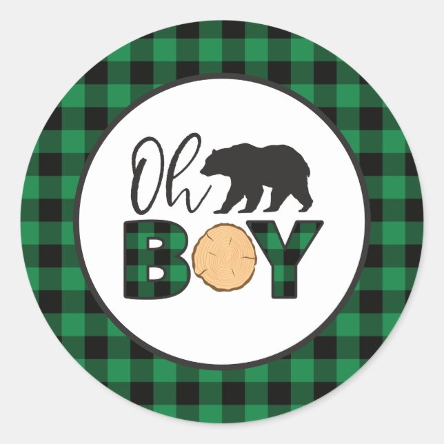 Oh Boy Bear green Buffalo Kariert Baby Dusche Runder Aufkleber (Vorderseite)