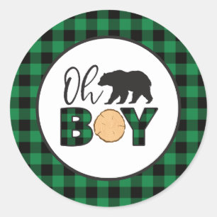 Oh Boy Bear green Buffalo Kariert Baby Dusche Runder Aufkleber