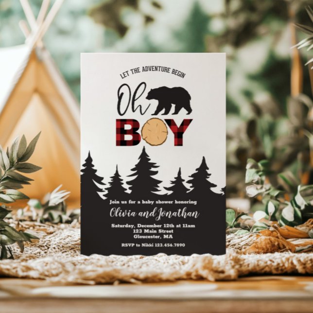 Oh Boy Bear Red Buffalo Plaid Baby Shower Einladung (Von Creator hochgeladen)