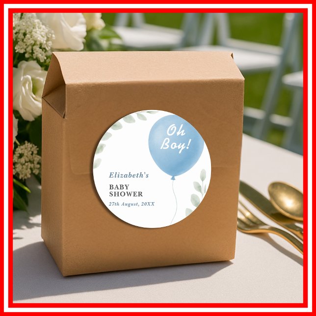 Oh Boy Blue Balloon Eucalyptus Baby Shower Runder Aufkleber (Von Creator hochgeladen)