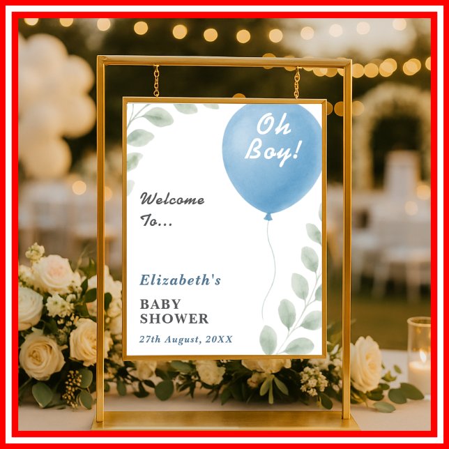 Oh Boy Blue Balloon Eucalyptus Baby Shower Welcome Poster (Von Creator hochgeladen)