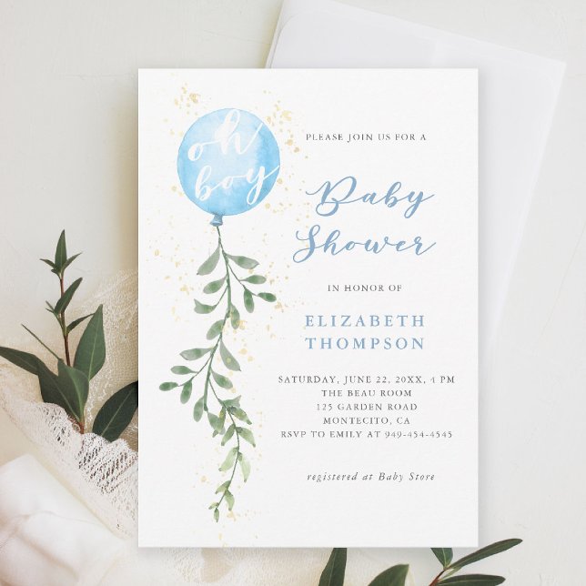 Oh Boy Blue Balloon Soft Greenery Boy Baby Shower Einladung (boy baby shower invitation blue balloon greenery watercolor modern calligraphy simple elegant)