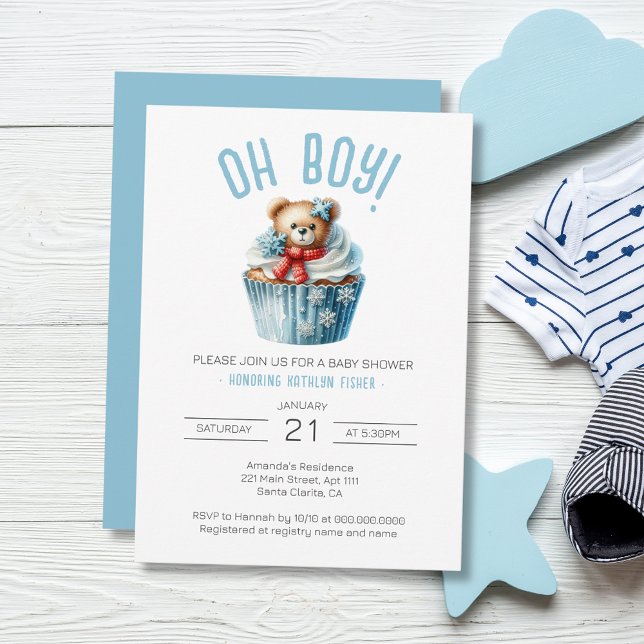 Oh, Boy Blue Bear Animal Baby Dusche Einladung (Oh Boy Blue Cupcake Bear Baby Shower Invitation)