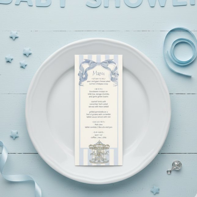 Oh Boy Blue Bow Carousel Baby Shower Menu Card  Menükarte (Von Creator hochgeladen)