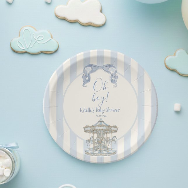 Oh Boy Blue Bow Carousel French Baby Shower Pappteller (Von Creator hochgeladen)