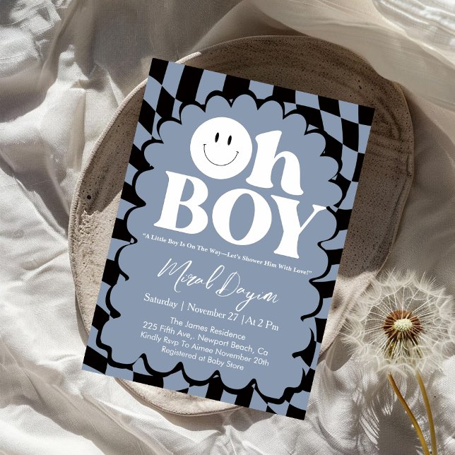 Oh Boy! Blue Checkered Happy Face Baby Shower Einladung (Von Creator hochgeladen)