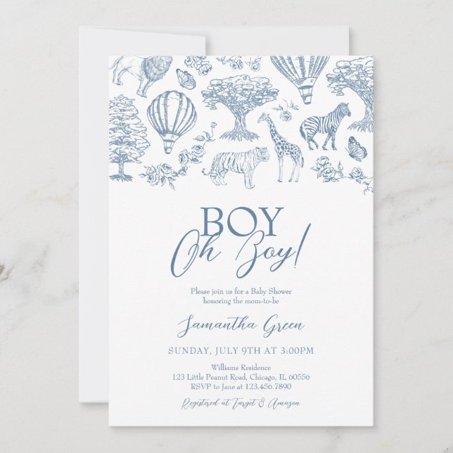 Oh Boy Blue Chinoiserie Safari Baby Dusche Einladung (Vorderseite)
