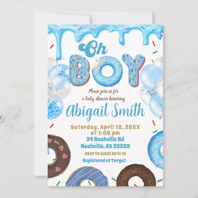 Oh Boy Blue Donut baby shower Invitation Einladung (Vorderseite)