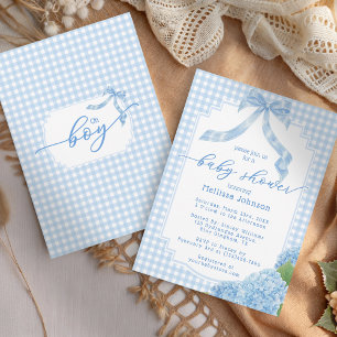 Oh Boy Blue Gingham Kariert Hydrangea Babydusche Einladung