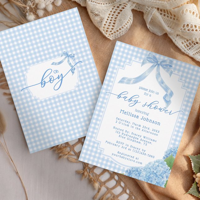 Oh Boy Blue Gingham Kariert Hydrangea Babydusche Einladung (Von Creator hochgeladen)