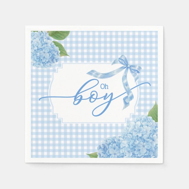 Oh Boy Blue Gingham Plaid Hydrangea Baby Shower Na Serviette (Vorderseite)